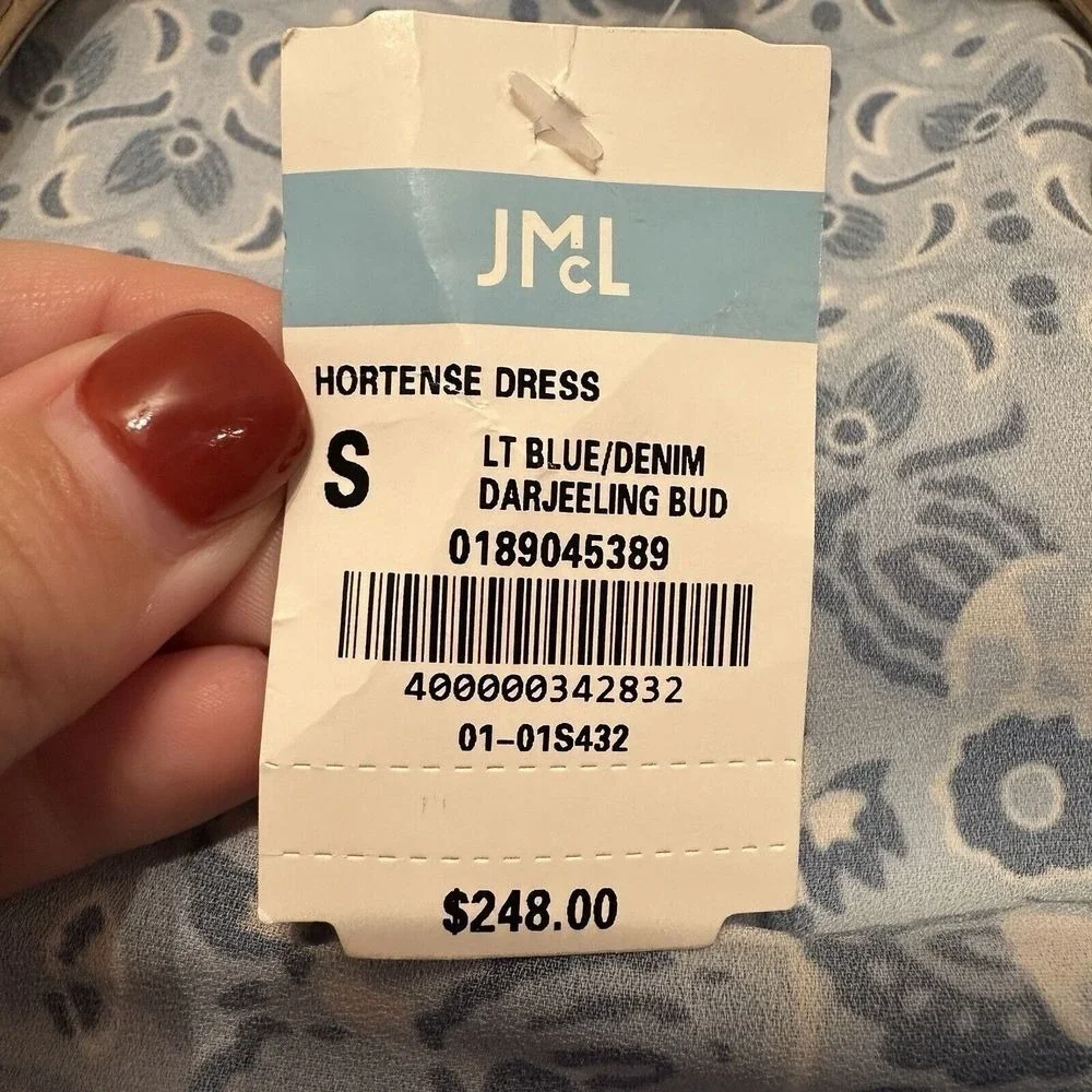 J. McLaughlin Hortense Dress Blue Denim Floral Midi Size‎ Small Long Sleeve NWT